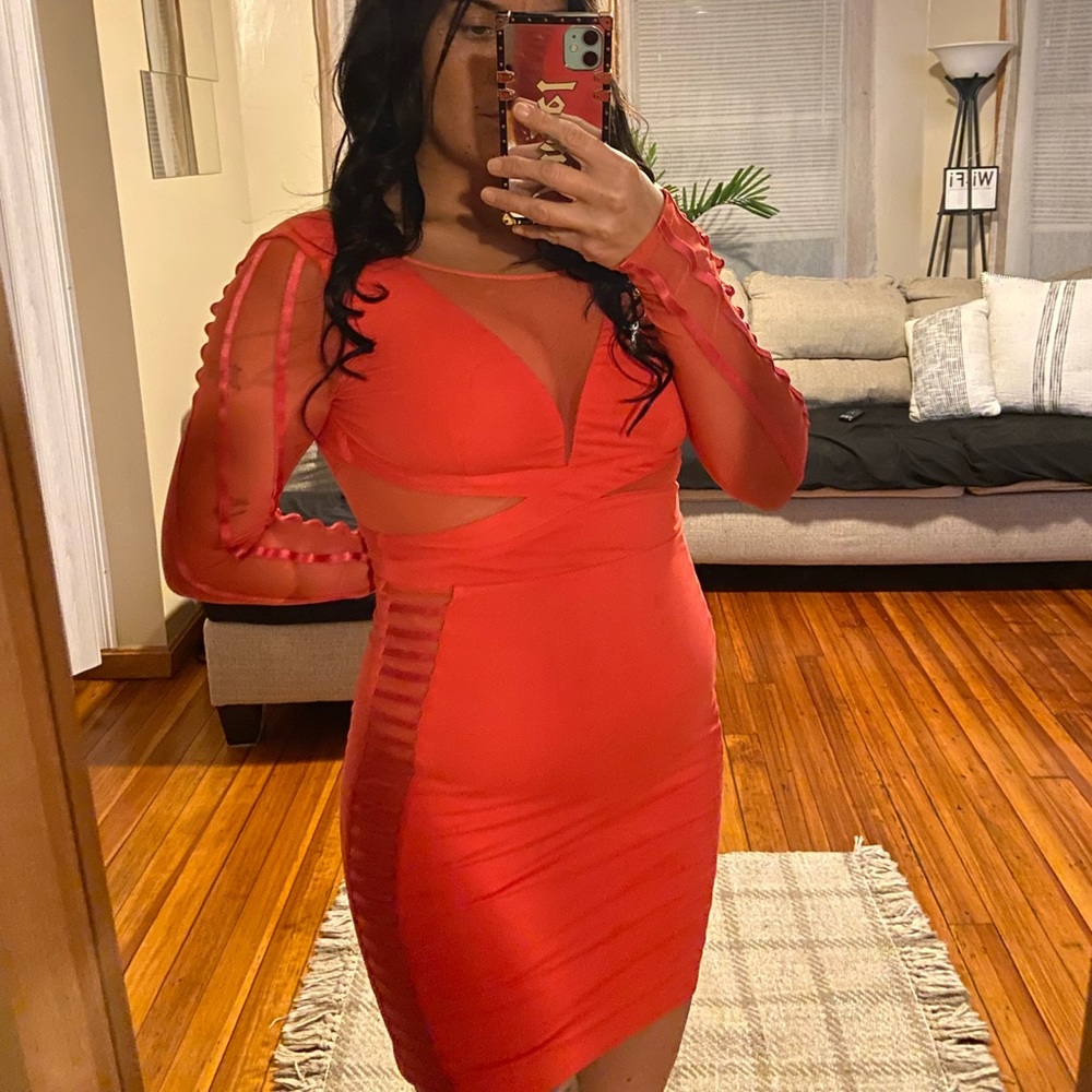 Arden B BodyCon Mesh Cutout Dress in Salmon